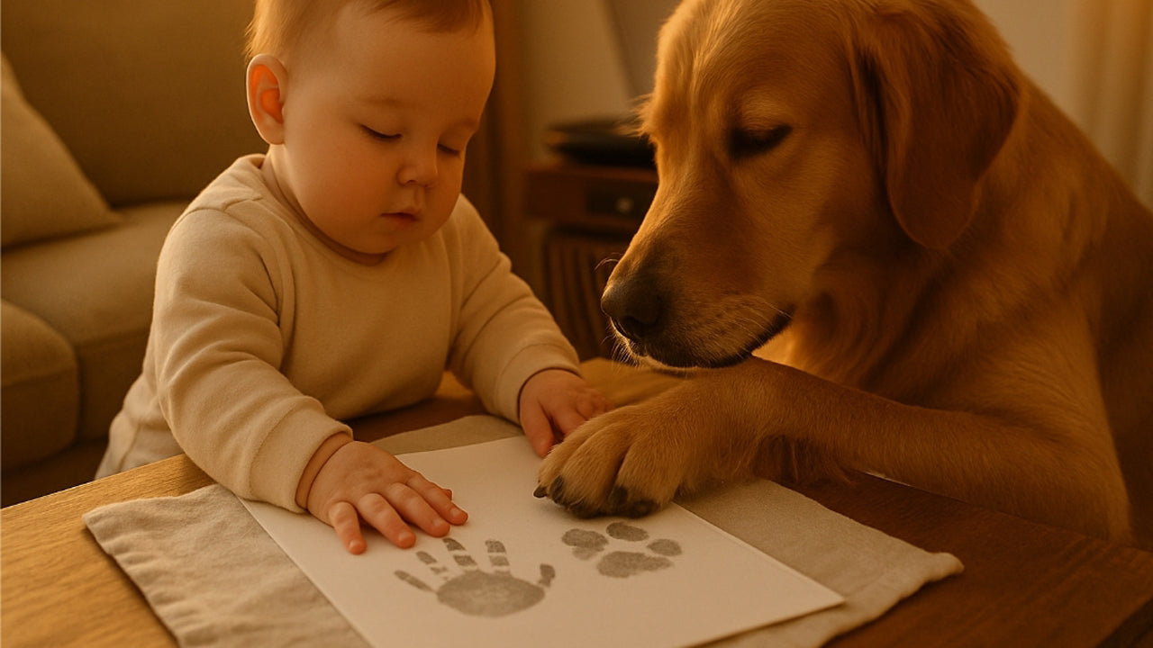 Baby en hond maken samen een afdruk