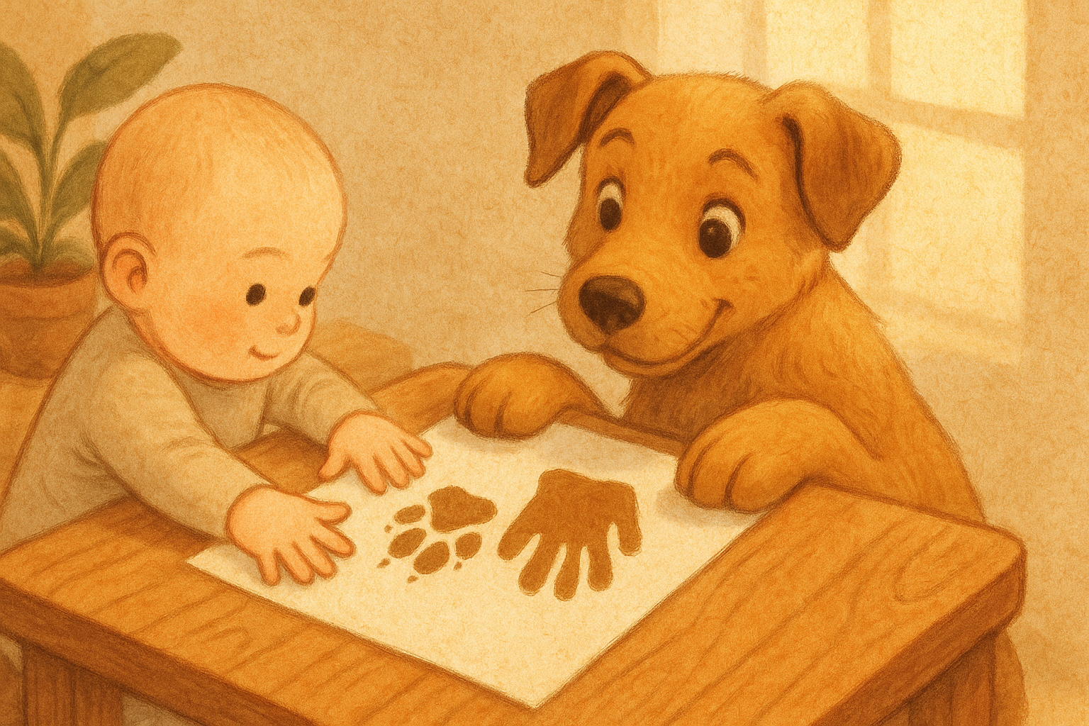 Hond en baby maken samen een afdruk.