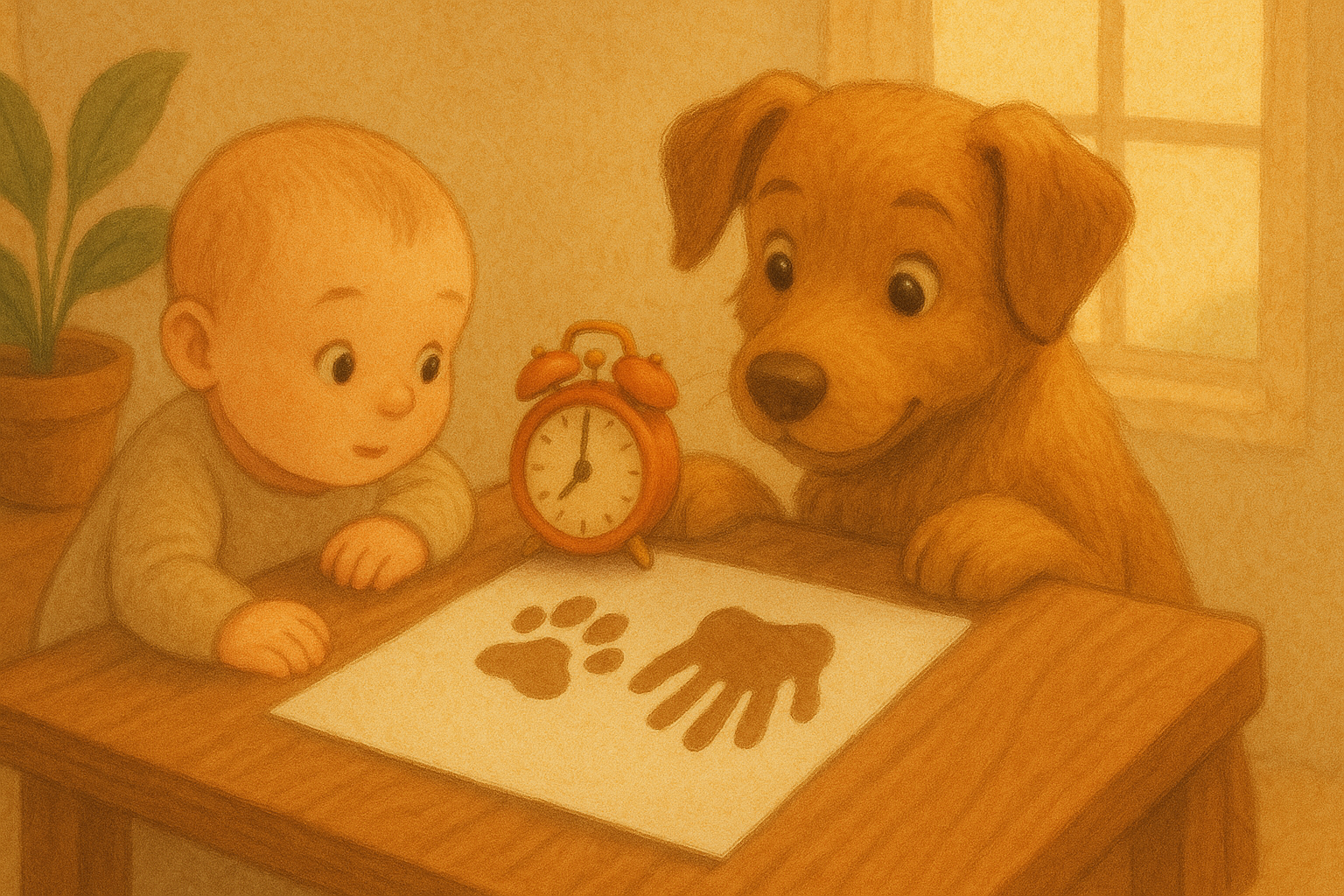 Hond en baby wachten totdat afdruk droog is.